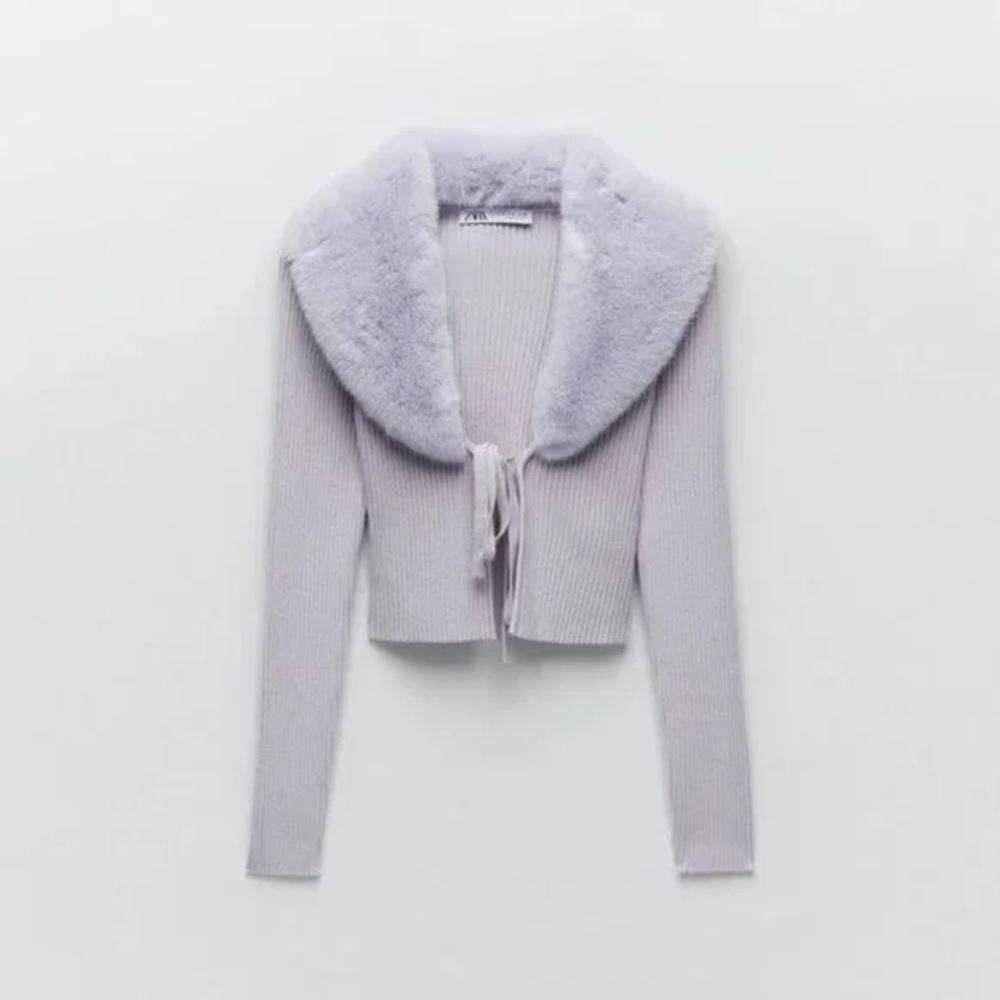 ZARA Faux Fur Trim Knit Front Tie Ribbed Cardigan